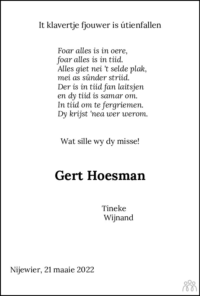 Overlijdensbericht van Gert Hoesman in Dockumer Courant