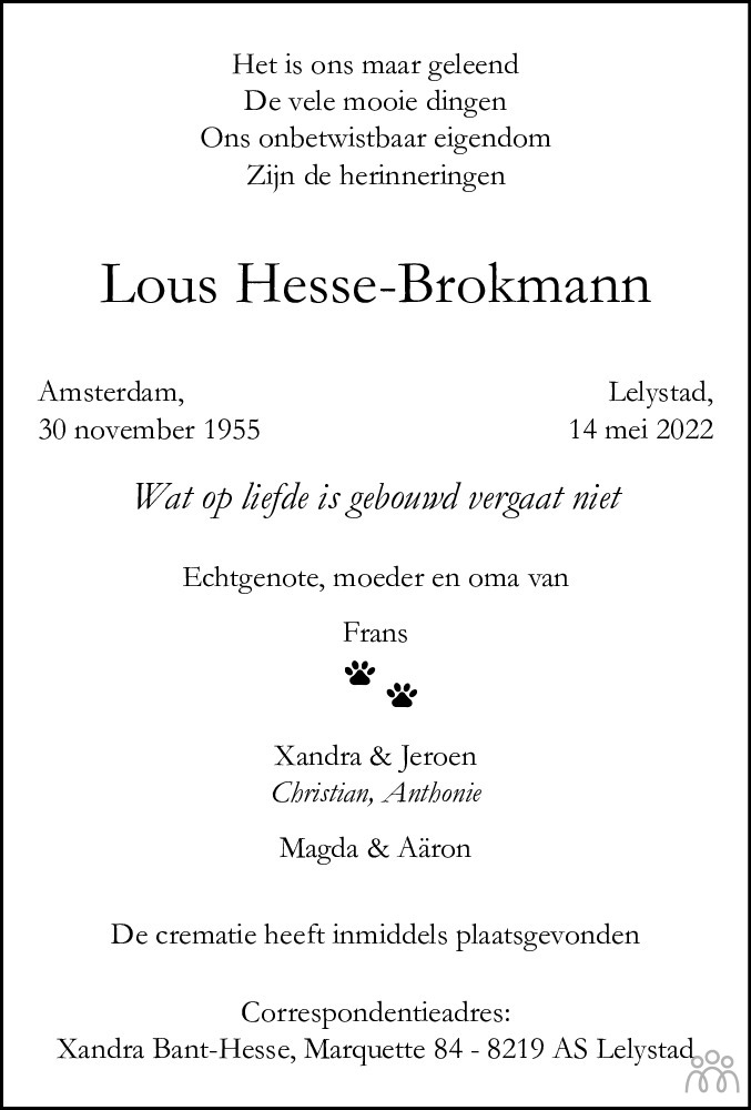 Overlijdensbericht van Lous Hesse-Brokmann in Flevopost Dronten