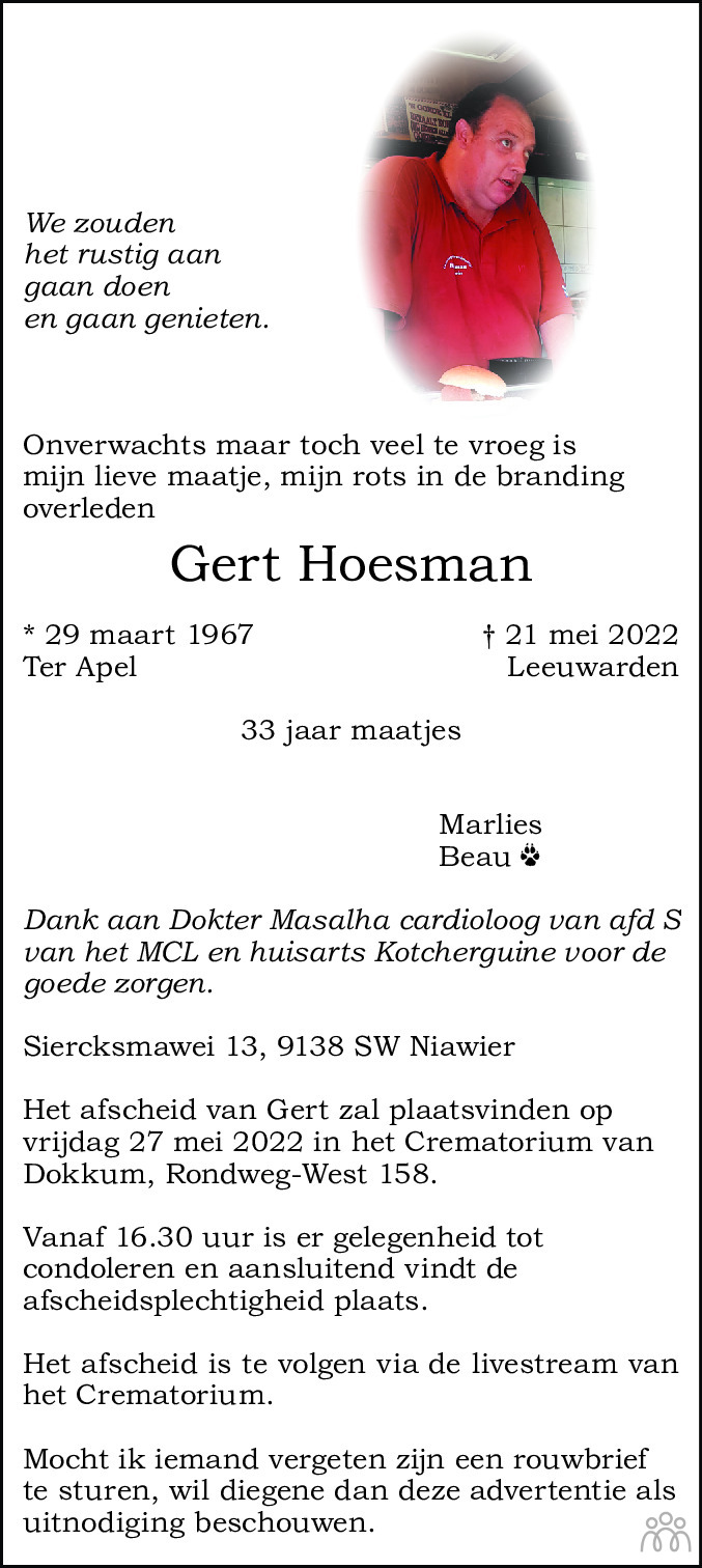 Overlijdensbericht van Gert Hoesman in Leeuwarder Courant