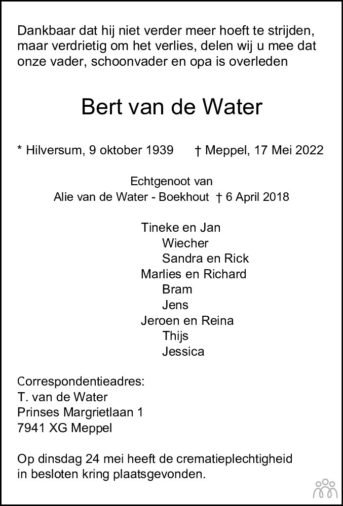 Overlijdensbericht van Bert van de Water in Meppeler Courant