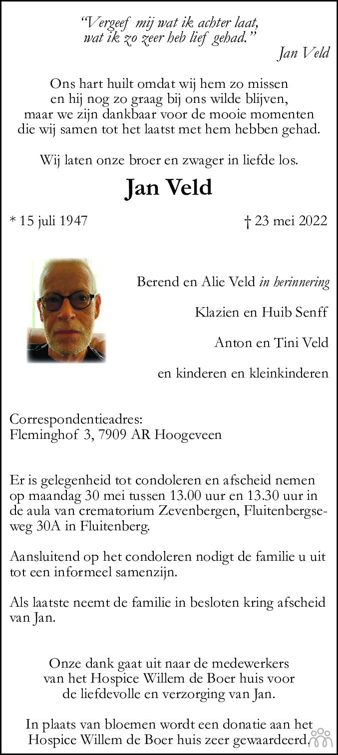 Jan Veld 23 05 2022 Overlijdensbericht En Condoleances Mensenlinq nl