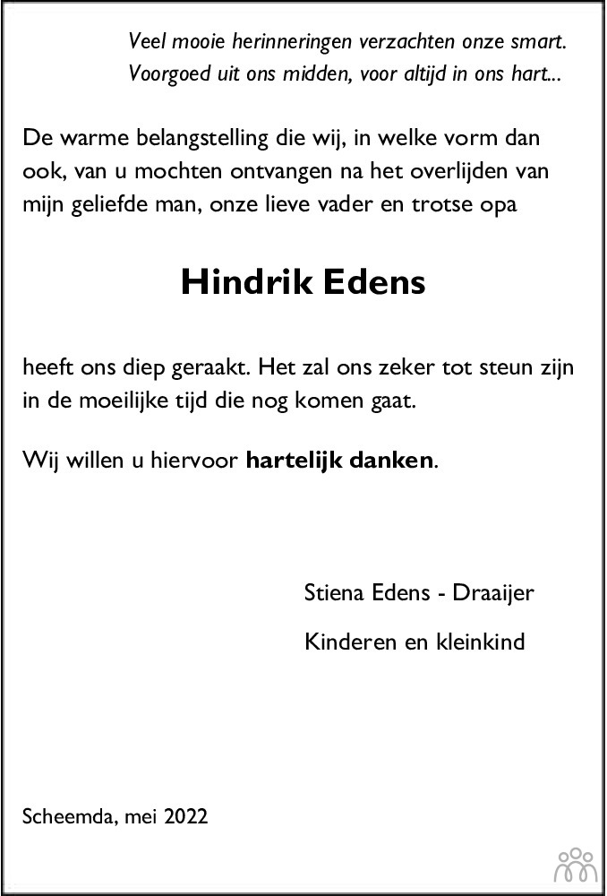 Overlijdensbericht van Hindrik Edens in Dagblad van het Noorden