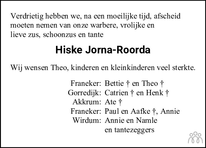 Overlijdensbericht van Hiske Monica Jorna-Roorda in Leeuwarder Courant