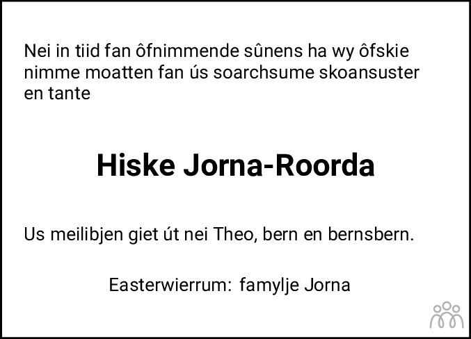 Overlijdensbericht van Hiske Monica Jorna-Roorda in Leeuwarder Courant
