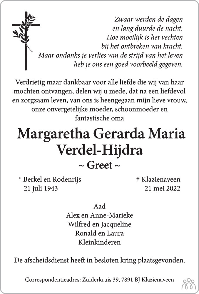 Overlijdensbericht van Margaretha Gerarda Maria (Greet) Verdel-Hijdra in Dagblad van het Noorden