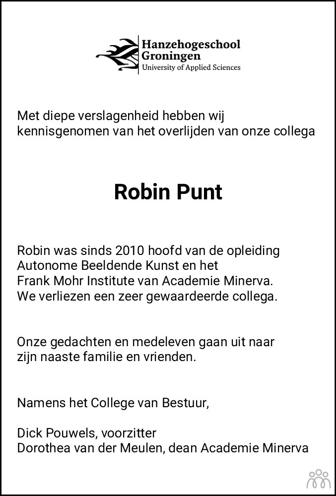 Overlijdensbericht van Robin Punt in Dagblad van het Noorden