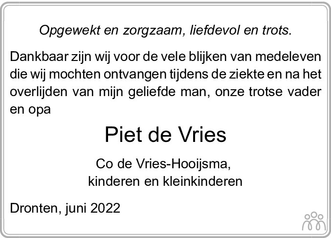 Overlijdensbericht van Pieter (Piet) de Vries in Flevopost Dronten