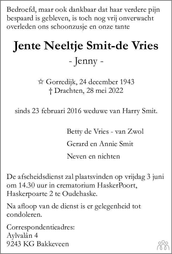 Overlijdensbericht van Jente Neeltje (Jenny) Smit-de Vries in Leeuwarder Courant