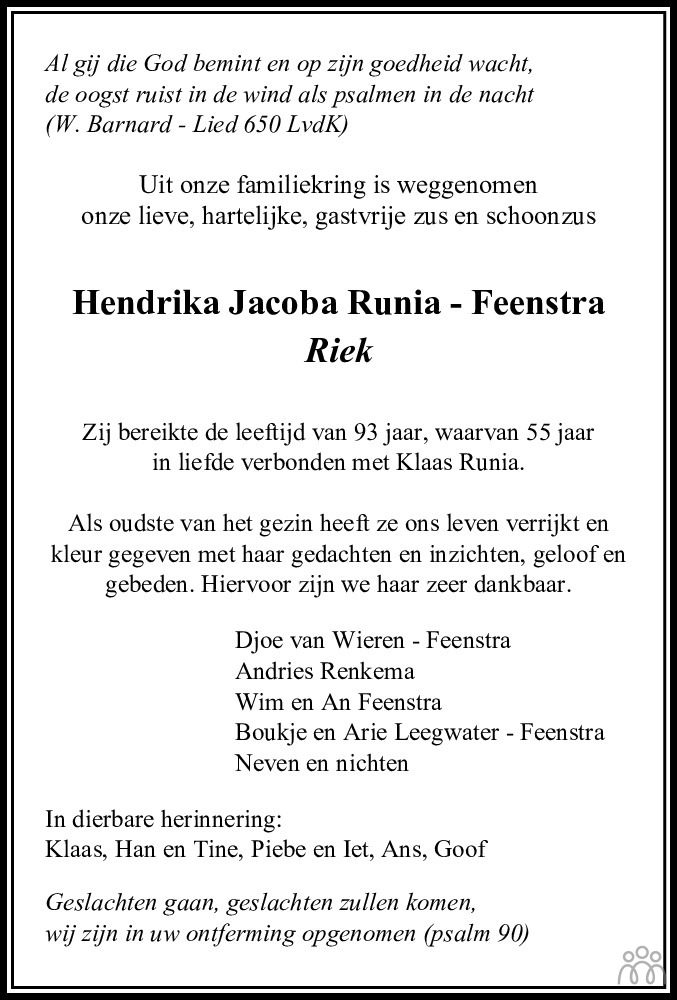 Overlijdensbericht van Hendrika Jacoba Runia-Feenstra in Leeuwarder Courant