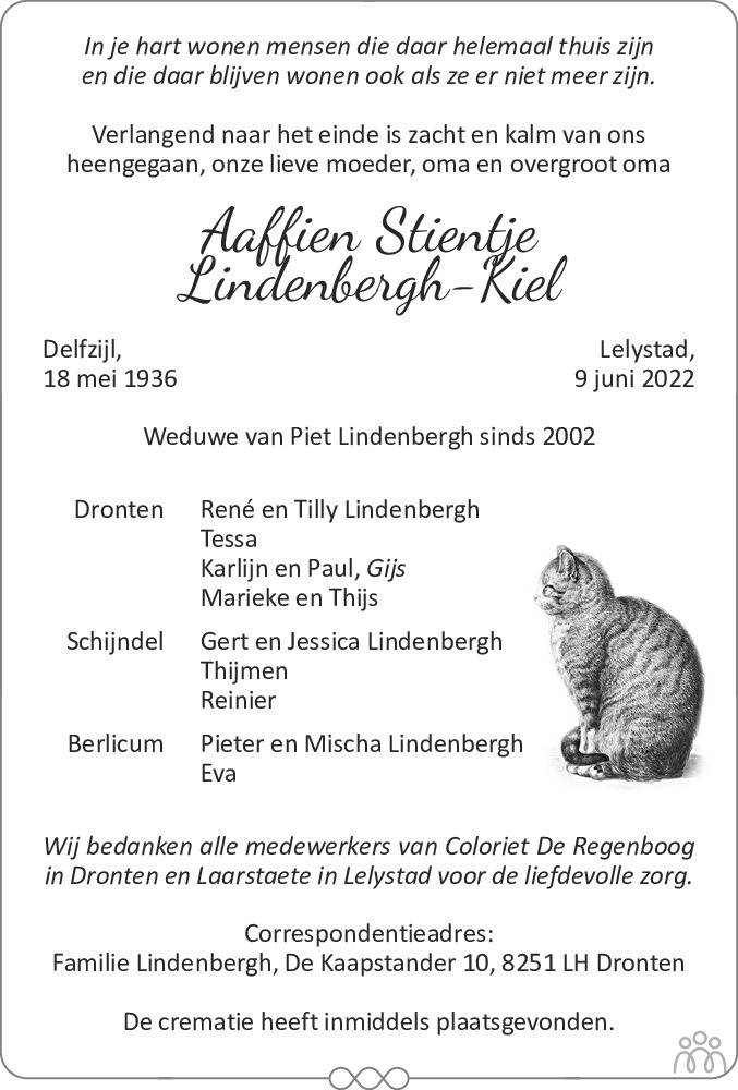 Overlijdensbericht van Aaffien Stientje Lindenbergh-Kiel in Flevopost Dronten