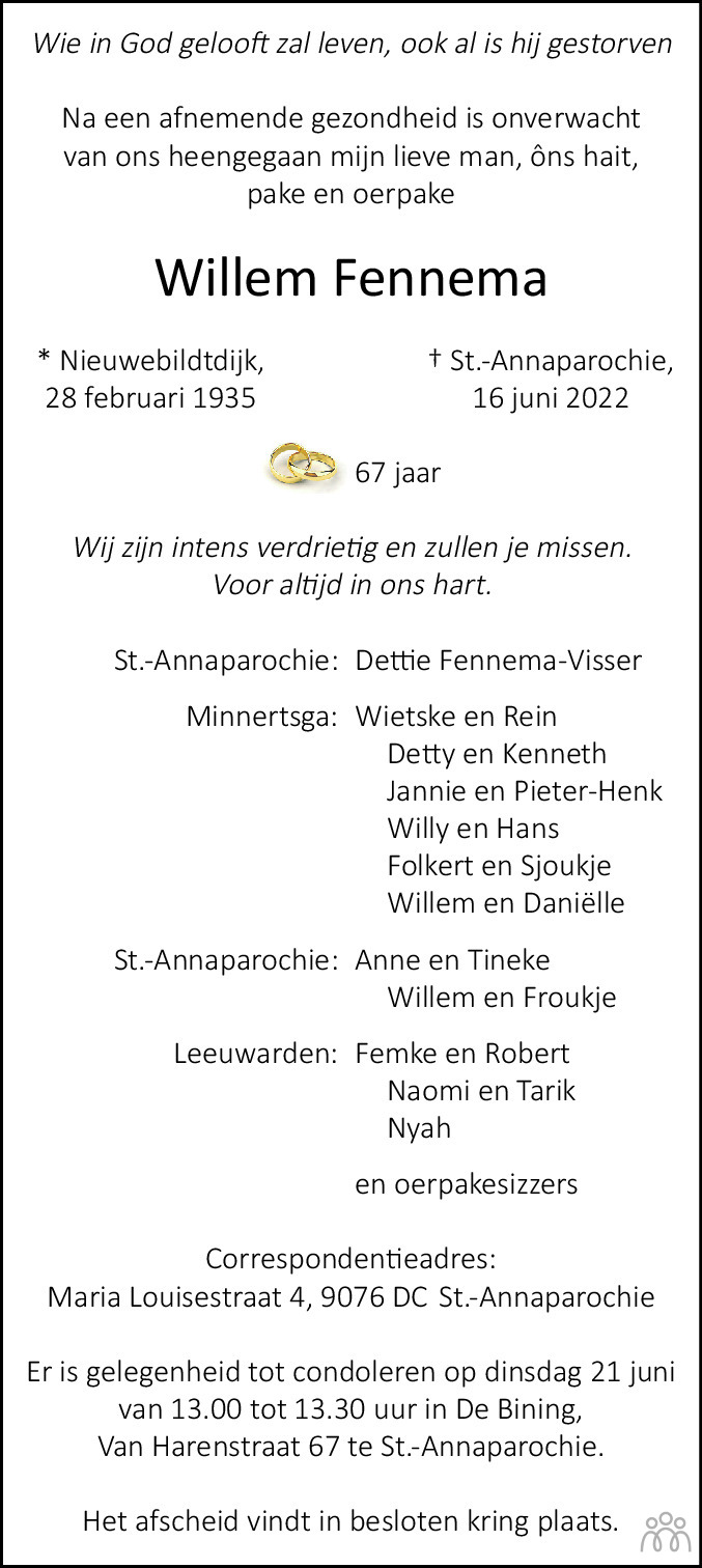 Overlijdensbericht van Willem Fennema in Leeuwarder Courant