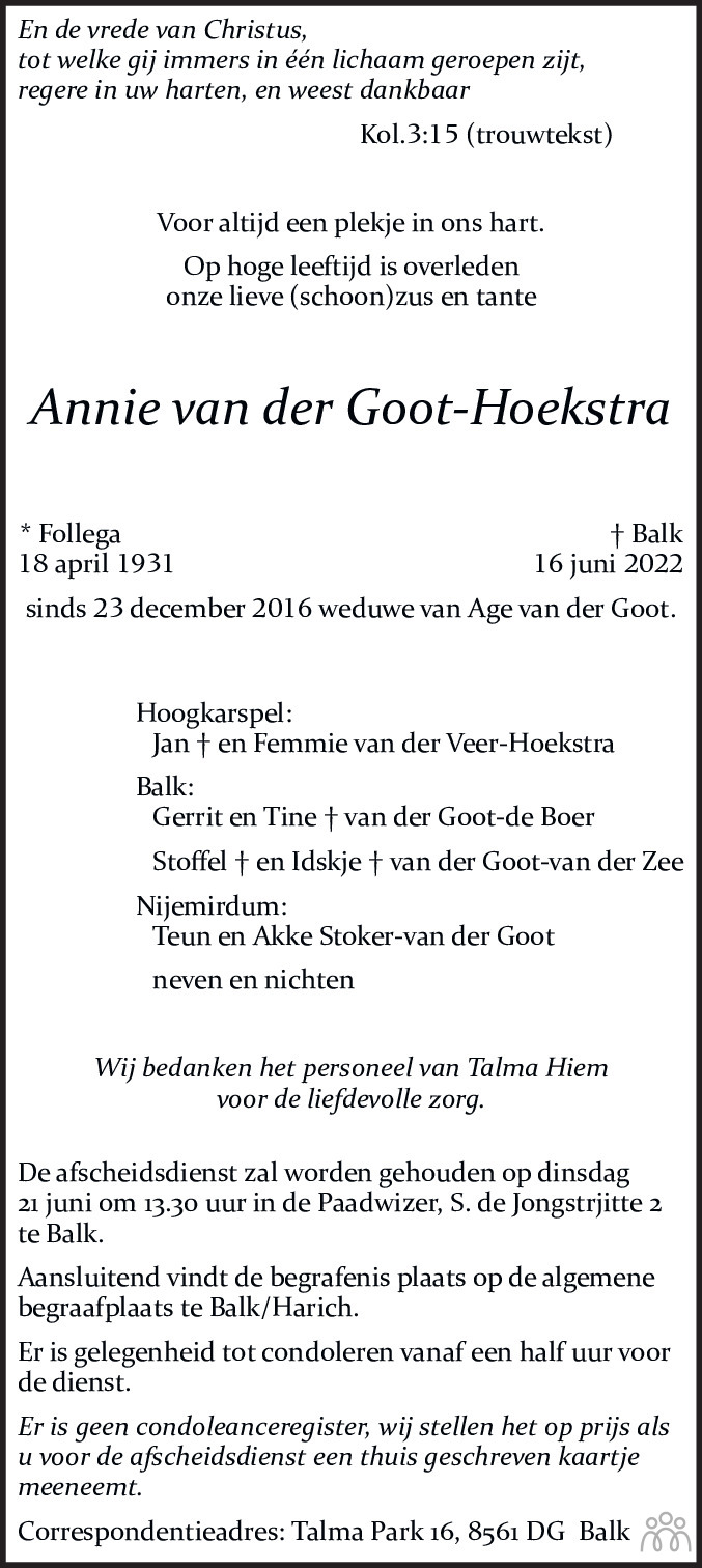 Overlijdensbericht van Annie van der Goot-Hoekstra in Leeuwarder Courant