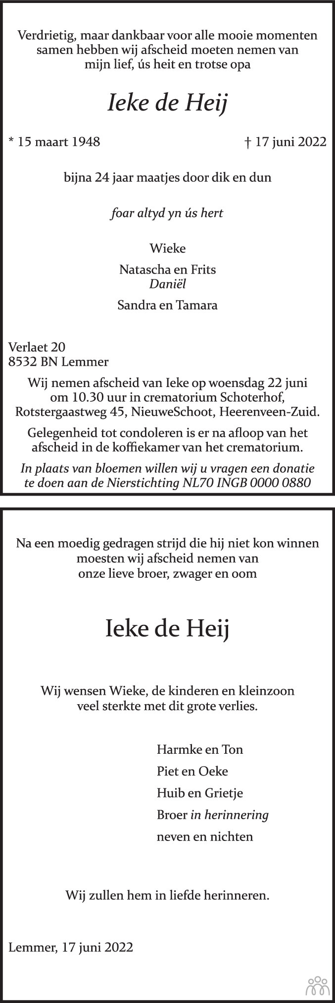 Overlijdensbericht van Ieke de Heij in Leeuwarder Courant