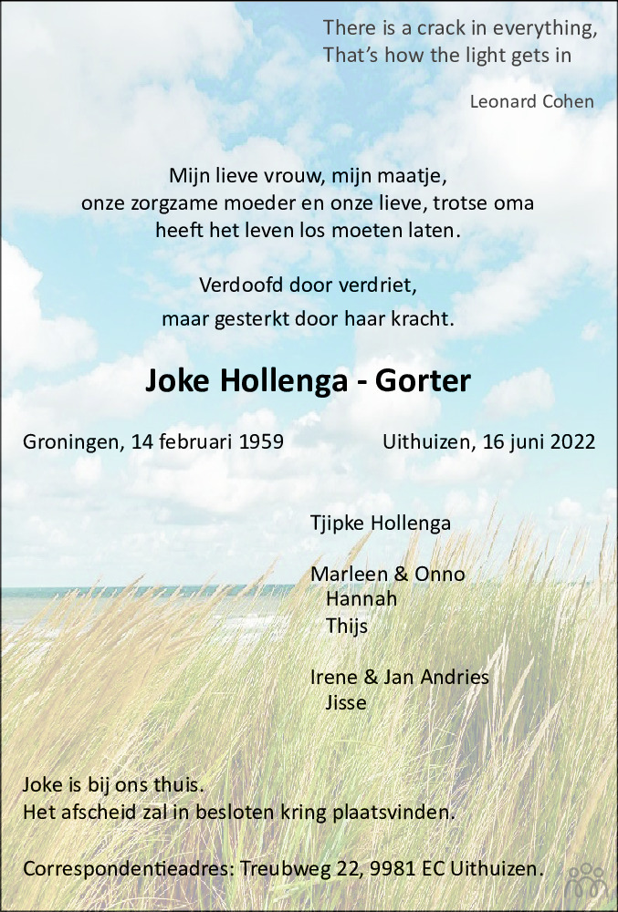 Overlijdensbericht van Joke Hollenga-Gorter in Dagblad van het Noorden