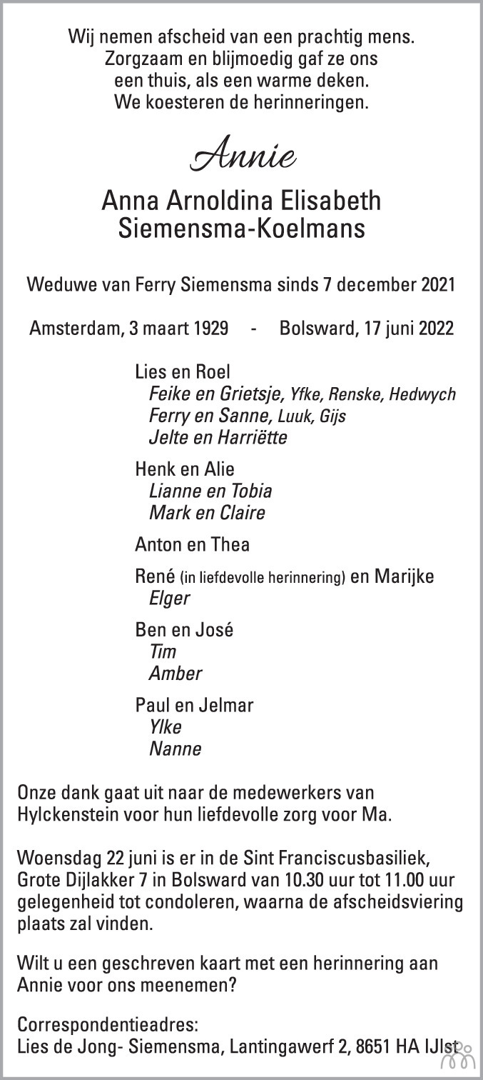 Overlijdensbericht van Anna Arnoldina Elisabeth (Annie) Siemensma-Koelmans in Leeuwarder Courant