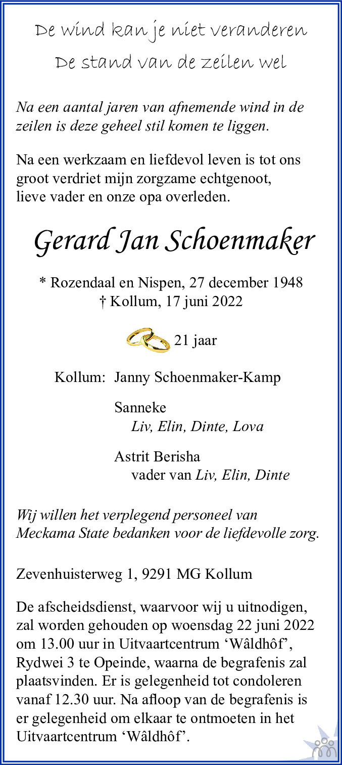 Gerard Jan Schoenmaker 17-06-2022 overlijdensbericht en condoleances ...