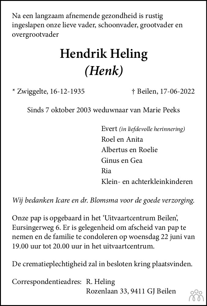 Overlijdensbericht van Hendrik (Henk) Heling in Dagblad van het Noorden