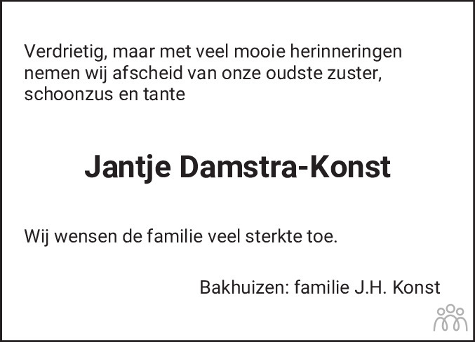 Overlijdensbericht van Jantje Damstra-Konst in Leeuwarder Courant