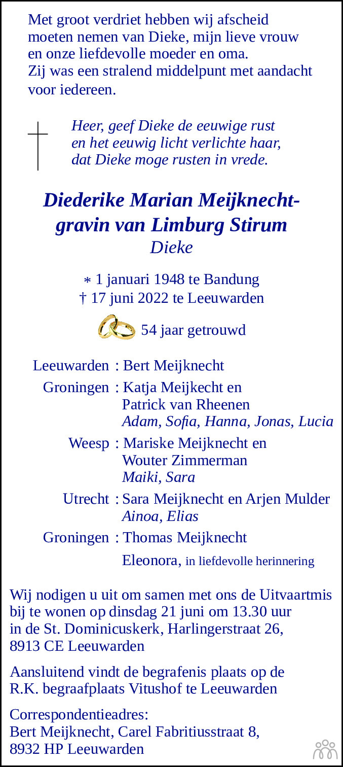 Overlijdensbericht van Diederike Marian (Dieke) Meijknecht-gravin van Limburg Stirum in Leeuwarder Courant