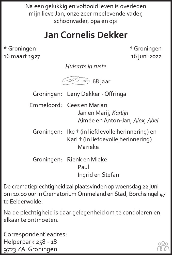 Overlijdensbericht van Jan Cornelis Dekker in Westerkwartier