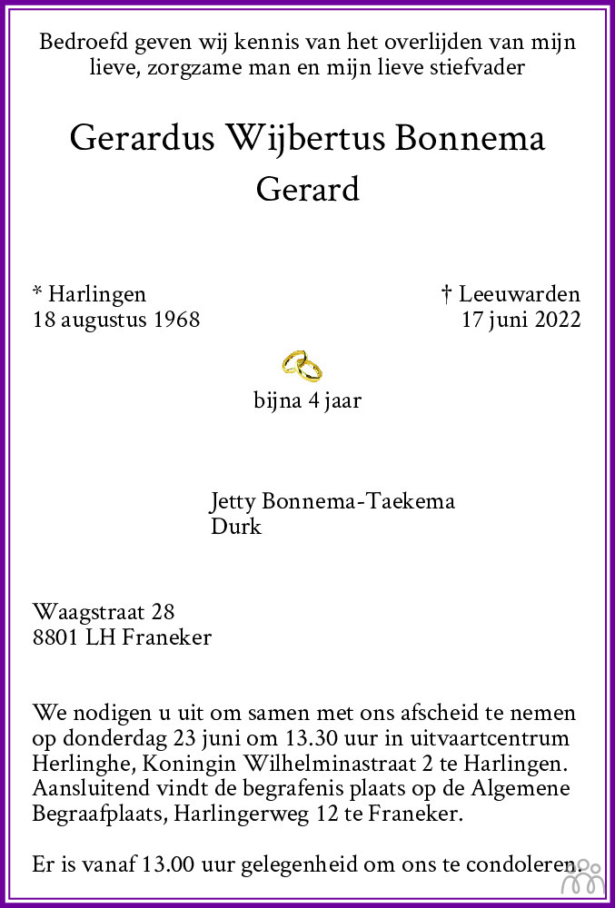 Overlijdensbericht van Gerardus Wijbertus (Gerard) Bonnema in Leeuwarder Courant