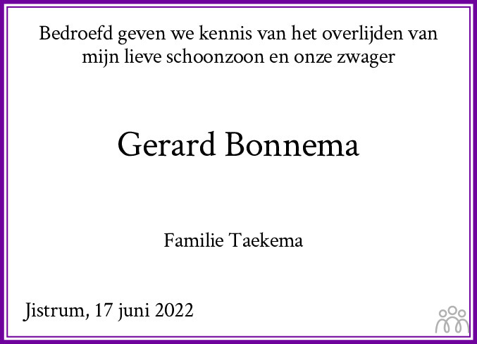 Overlijdensbericht van Gerardus Wijbertus (Gerard) Bonnema in Leeuwarder Courant