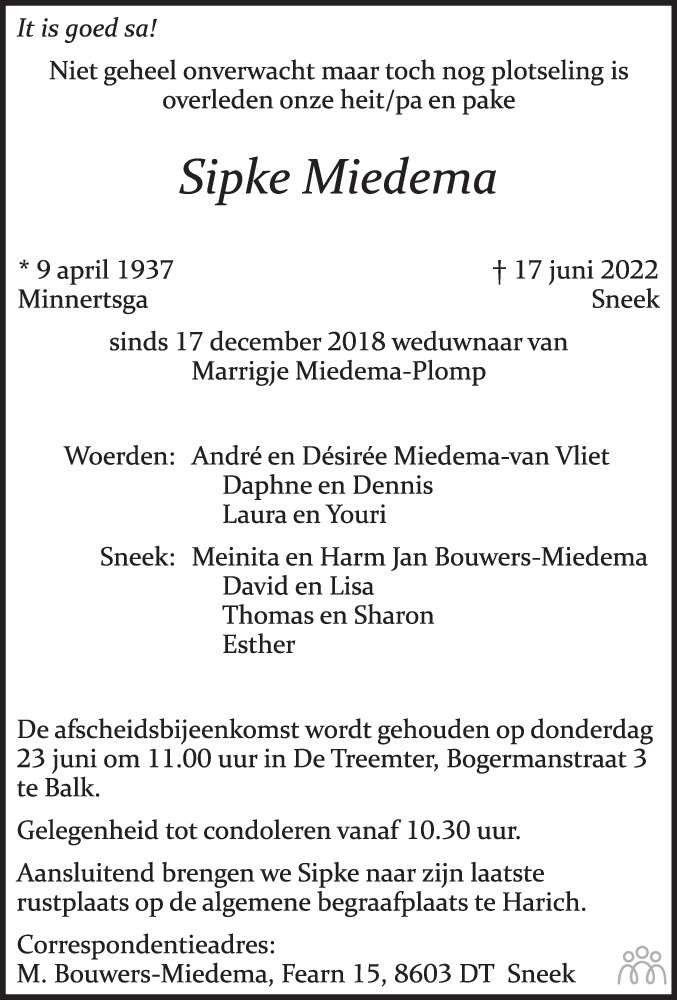 Overlijdensbericht van Sipke Miedema in Leeuwarder Courant