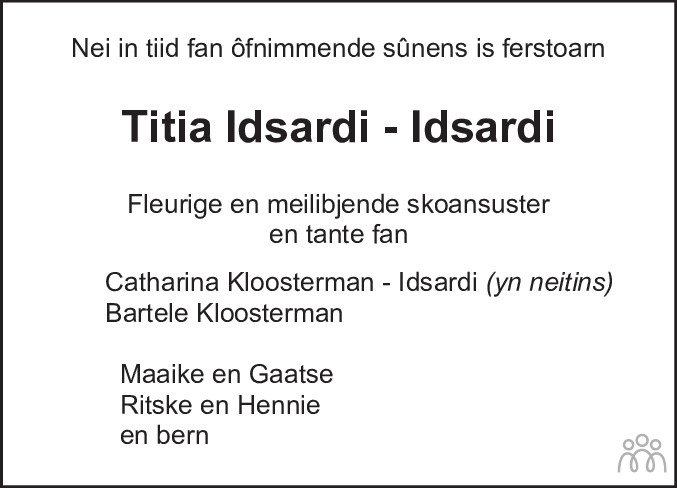 Overlijdensbericht van Titia (Titie) Idsardi-Idsardi in Leeuwarder Courant
