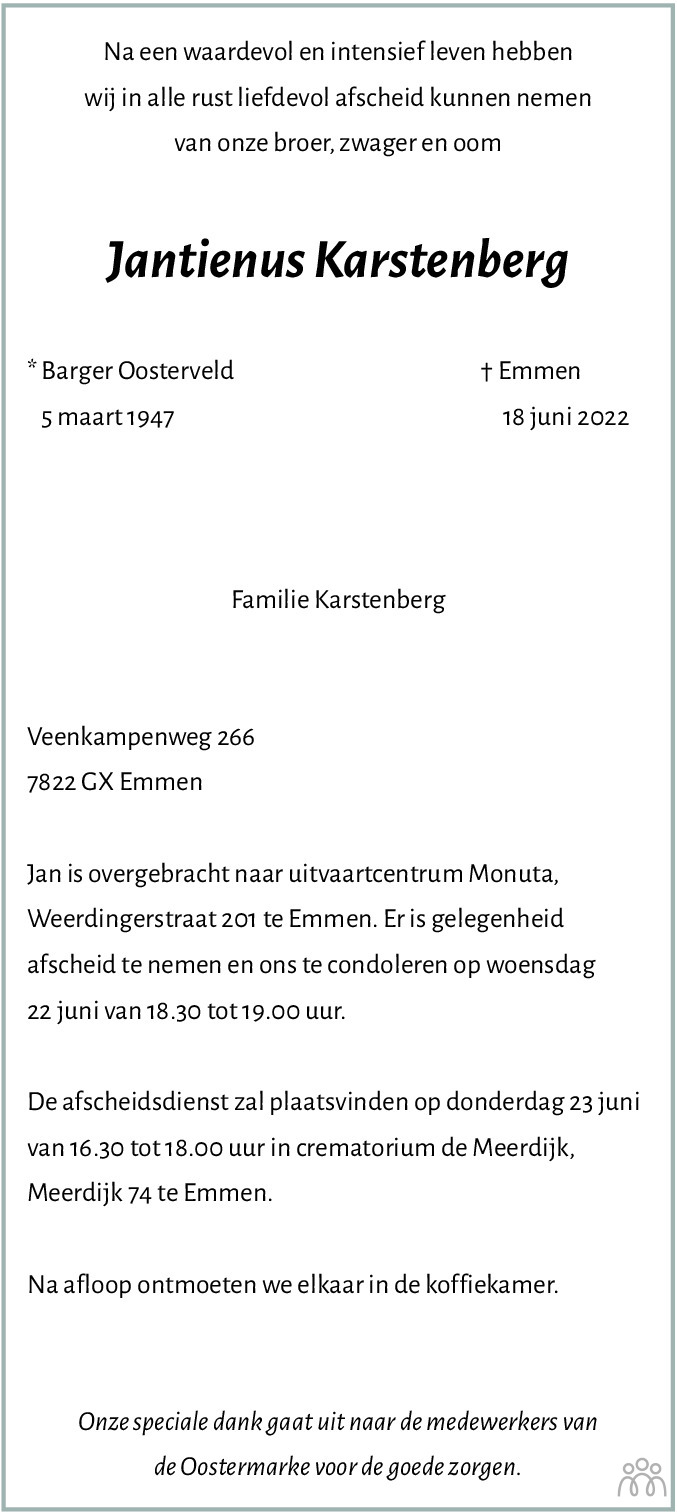 Overlijdensbericht van Jantienus Karstenberg in Dagblad van het Noorden