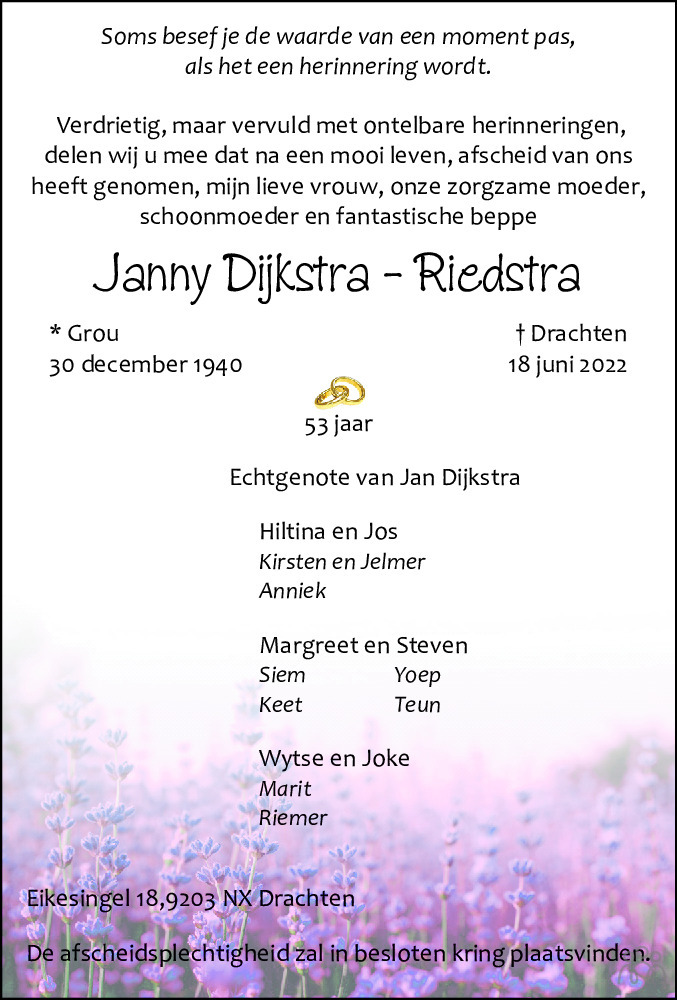 Overlijdensbericht van Jantje Dijkstra-Riedstra in Leeuwarder Courant
