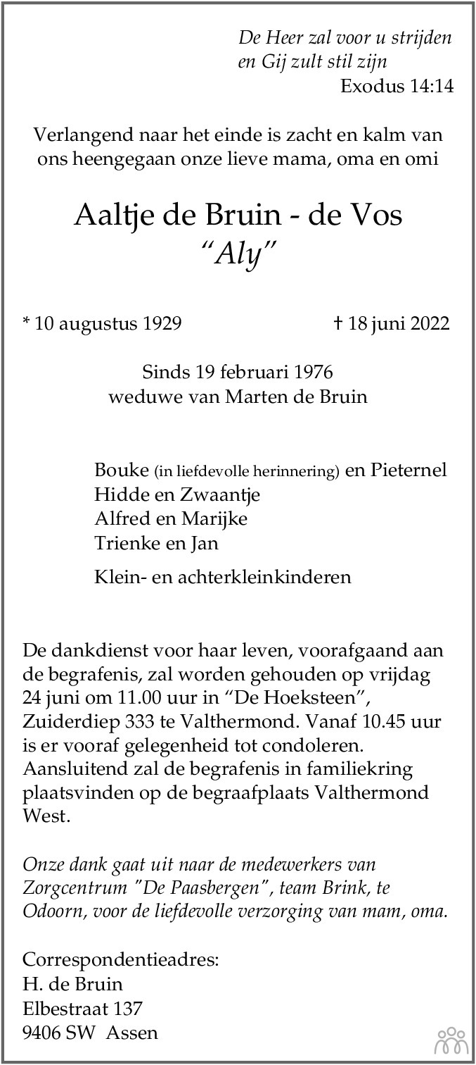 Overlijdensbericht van Aaltje (Aly) de Bruin-de Vos in Dagblad van het Noorden