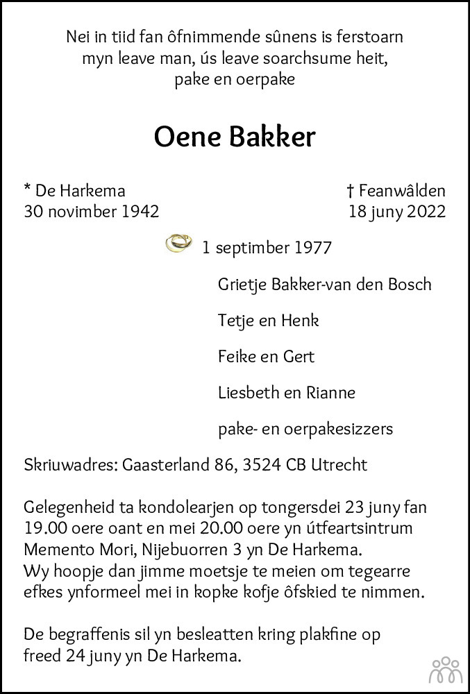 Overlijdensbericht van Oene Bakker in Leeuwarder Courant