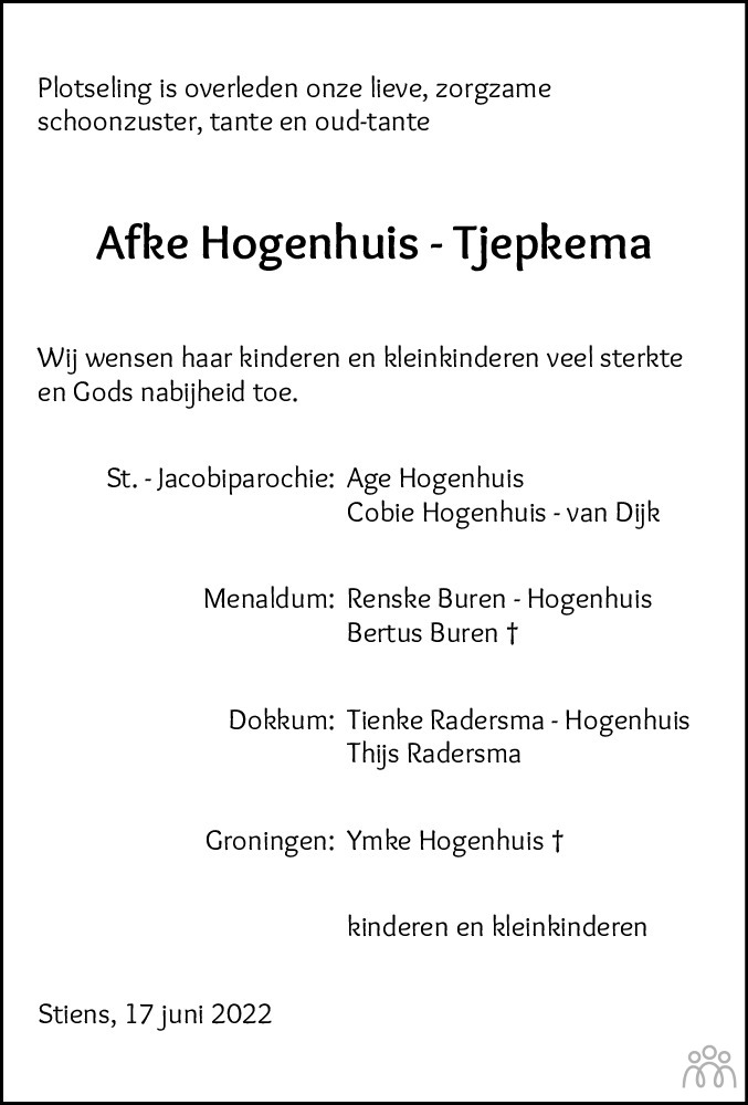 Overlijdensbericht van Afke Hogenhuis-Tjepkema in Leeuwarder Courant