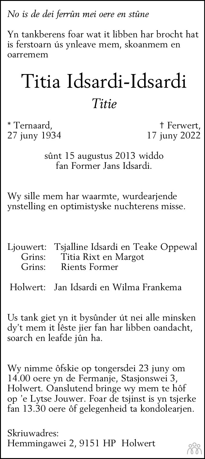 Overlijdensbericht van Titia (Titie) Idsardi-Idsardi in Leeuwarder Courant