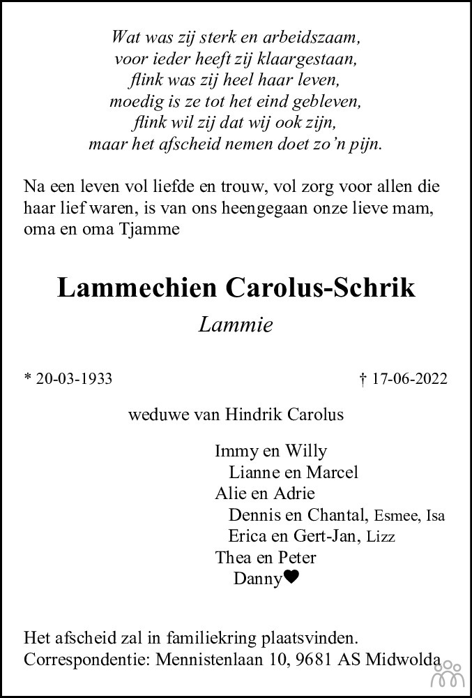 Overlijdensbericht van Lammechien (Lammie) Carolus-Schrik in Dagblad van het Noorden