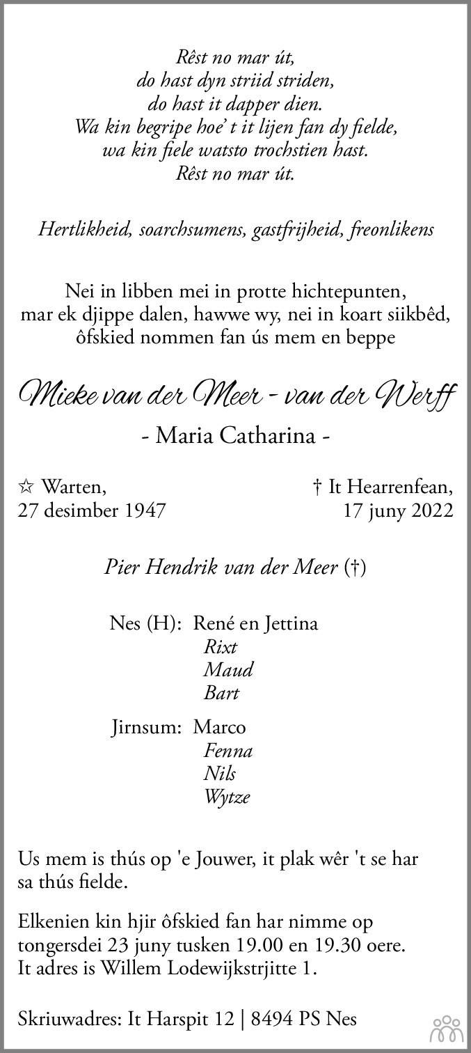 Overlijdensbericht van Maria Catharina (Mieke) van der Meer-van der Werff in Leeuwarder Courant