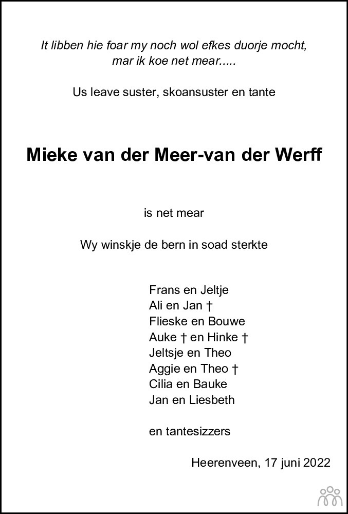 Overlijdensbericht van Maria Catharina (Mieke) van der Meer-van der Werff in Leeuwarder Courant