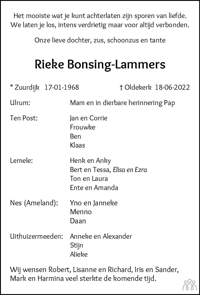 Overlijdensbericht van Rieke Bonsing-Lammers in Dagblad van het Noorden
