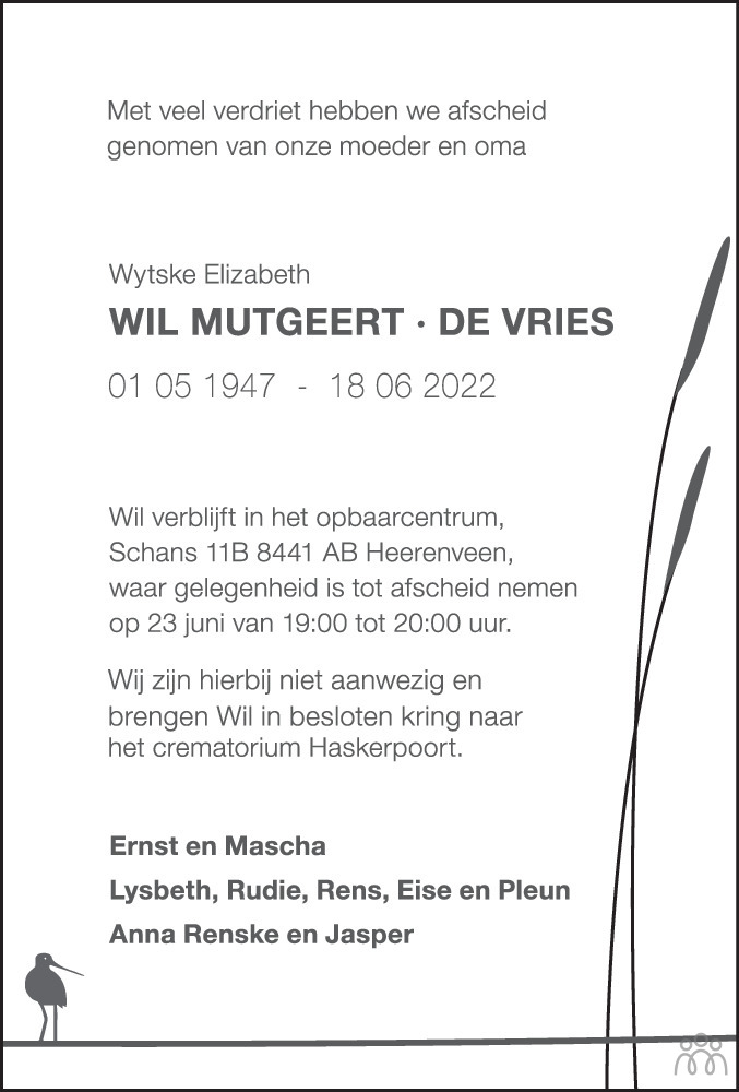 Overlijdensbericht van Wil (Wytske Elizabeth) Mutgeert-de Vries in Leeuwarder Courant