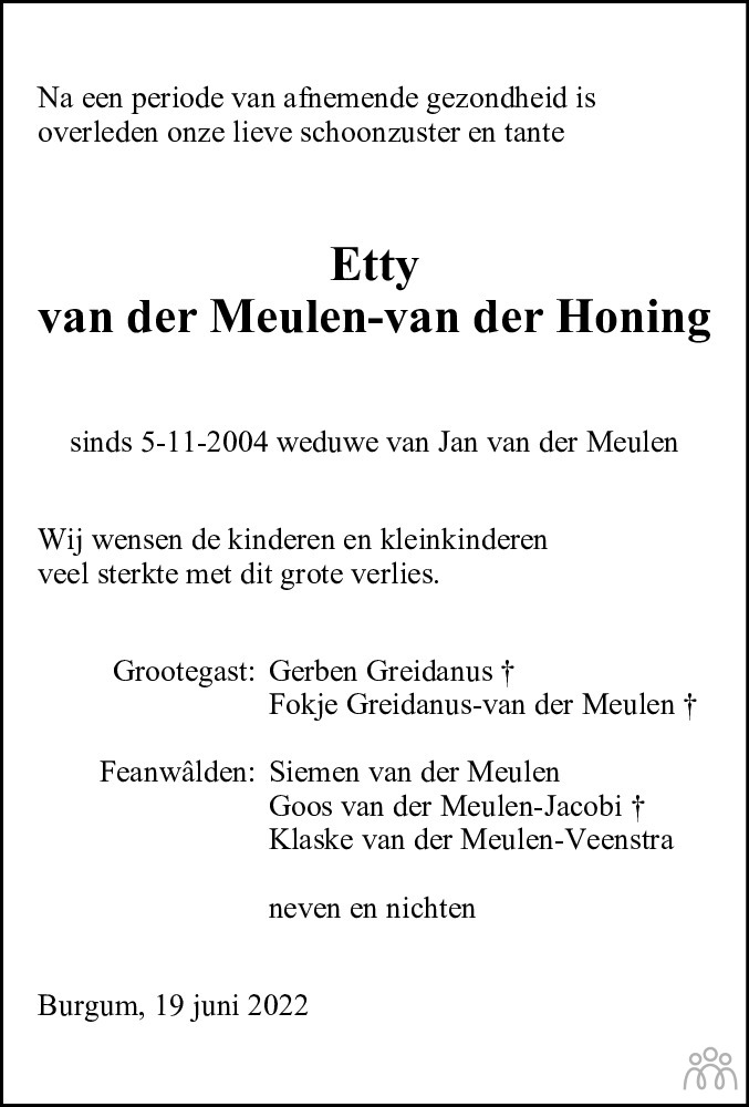 Overlijdensbericht van Eitje (Etty) van der Meulen in Leeuwarder Courant