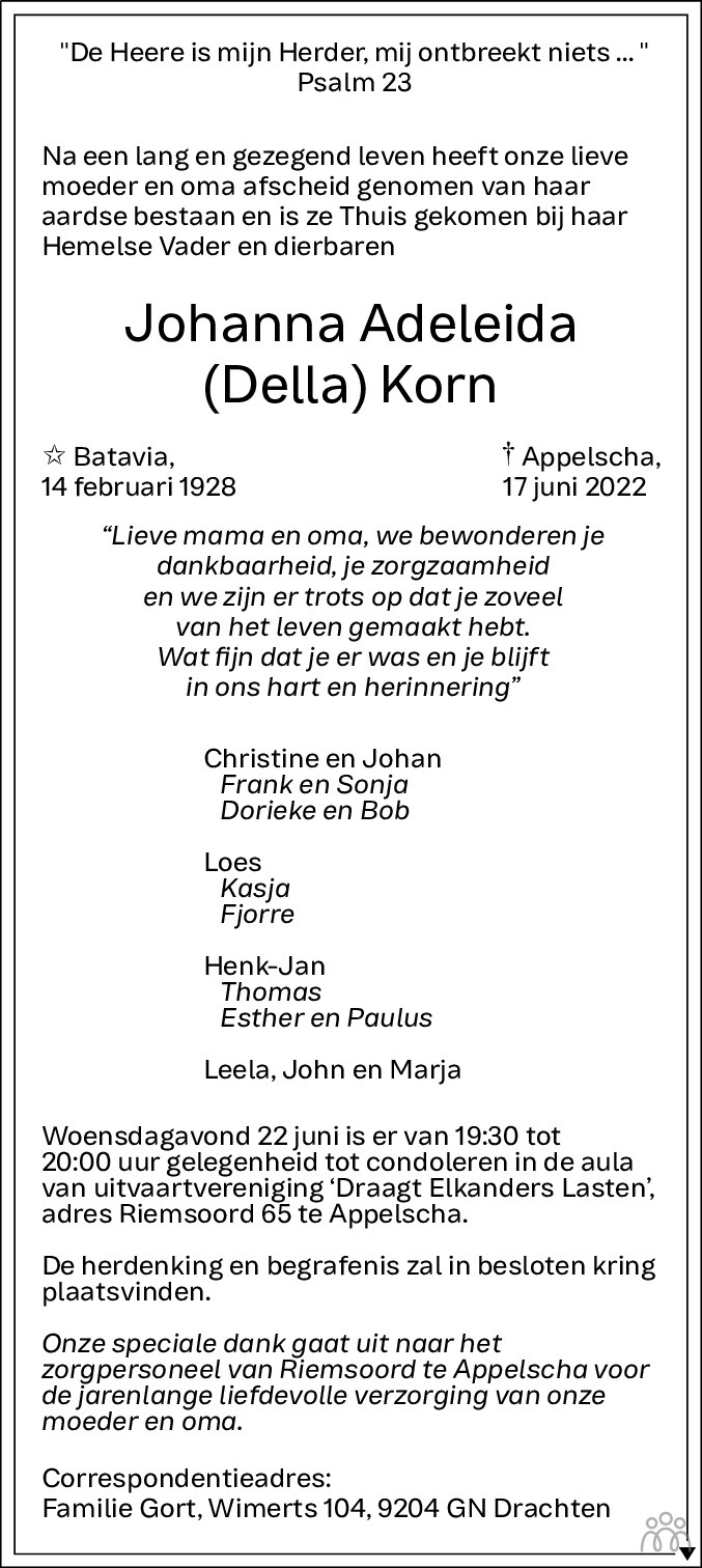 Overlijdensbericht van Johanna Adeleida (Della) Korn in Leeuwarder Courant