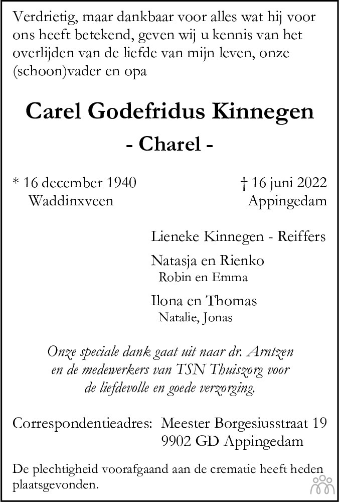 Overlijdensbericht van Carel Godefridus (Charel) Kinnegen in Eemsbode/Noorderkrant