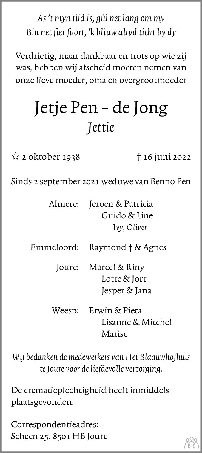 Overlijdensbericht van Jetje (Jettie) Pen-de Jong in Noordoostpolder