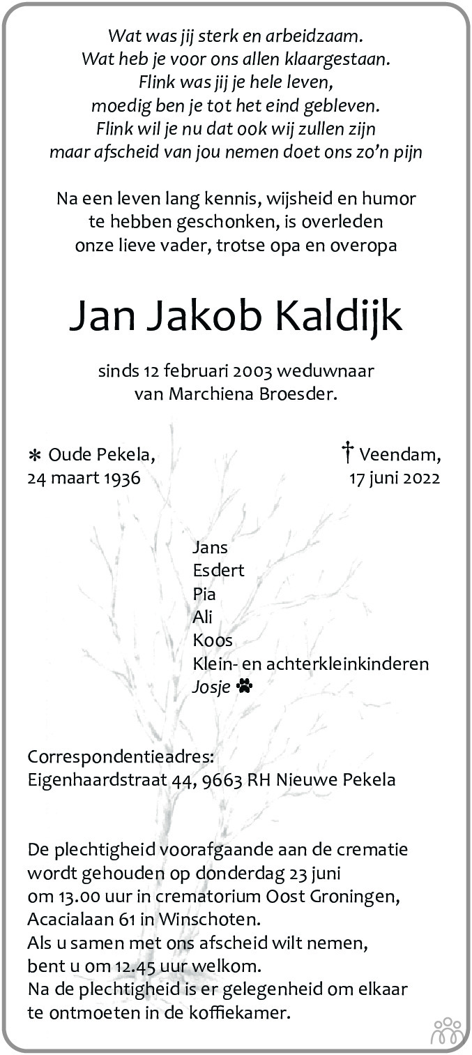 Overlijdensbericht van Jan Jakob Kaldijk in Dagblad van het Noorden