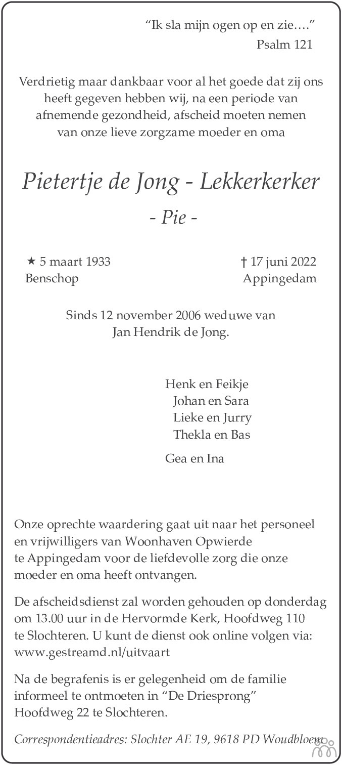 Overlijdensbericht van Pietertje (Pie) de Jong-Lekkerkerker in Eemsbode/Noorderkrant