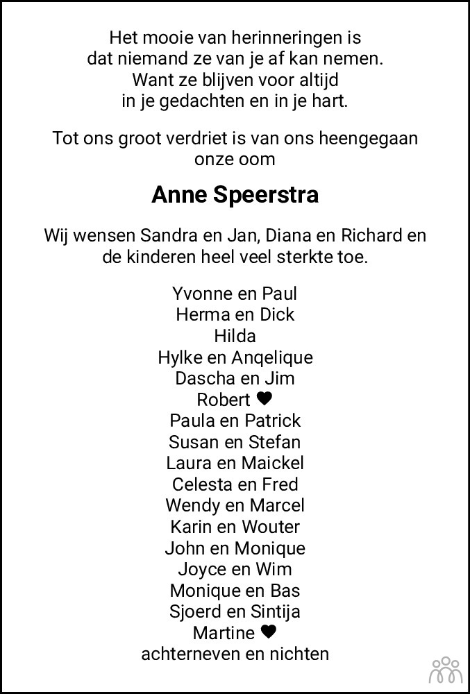 Overlijdensbericht van Anne Speerstra in Flevopost Dronten
