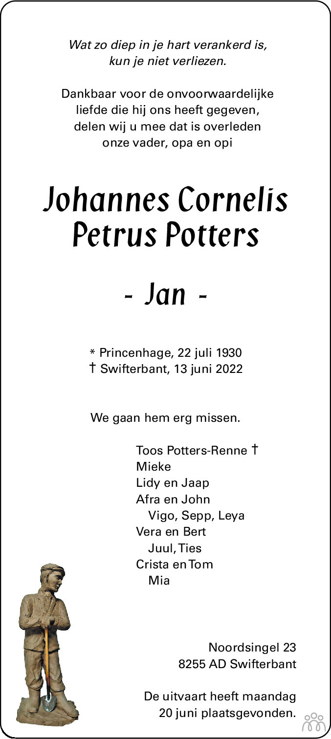 Overlijdensbericht van Johannes Cornelis Petrus (Jan) Potters in Flevopost Dronten