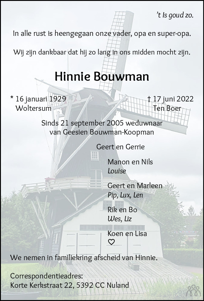 Overlijdensbericht van Hinnie Bouwman in Eemsbode/Noorderkrant
