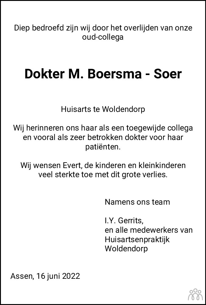 Overlijdensbericht van Marianne Boersma-Soer in Dagblad van het Noorden