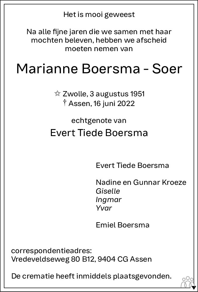 Overlijdensbericht van Marianne Boersma-Soer in Dagblad van het Noorden